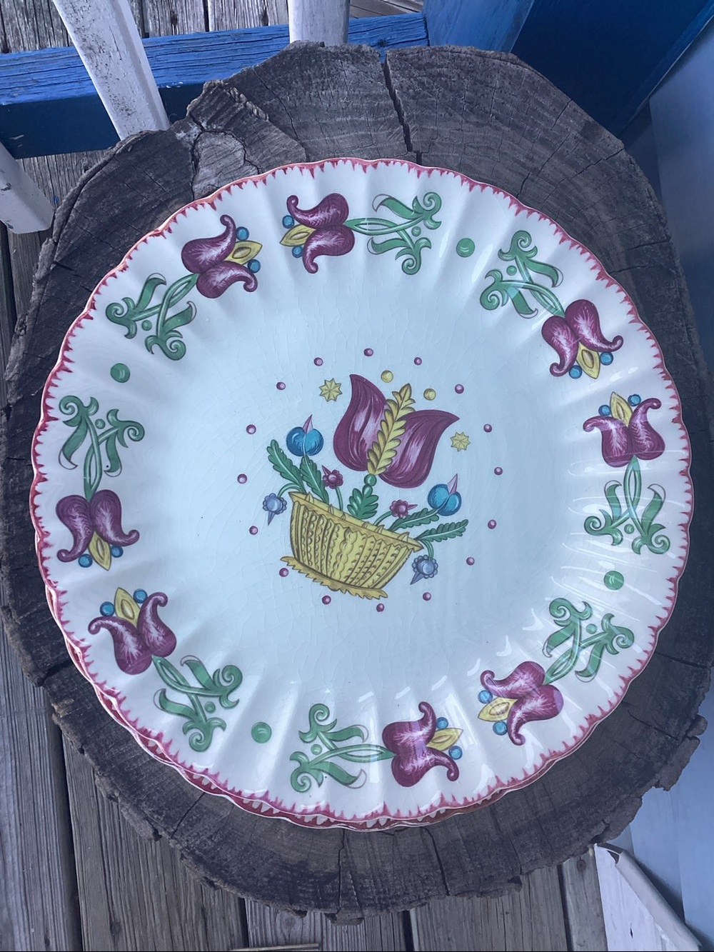 American Limoges Old Dutch Pattern Tulips in Basket Dinner Plate Vintage (2)